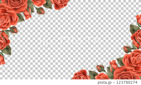 Roses of bright red velvet color with buds and green leaves. Watercolor frame of flowers, located in the corners, there is a place for text. For floristry design, Valentine's Day, Weddings, Birthdays 123780274