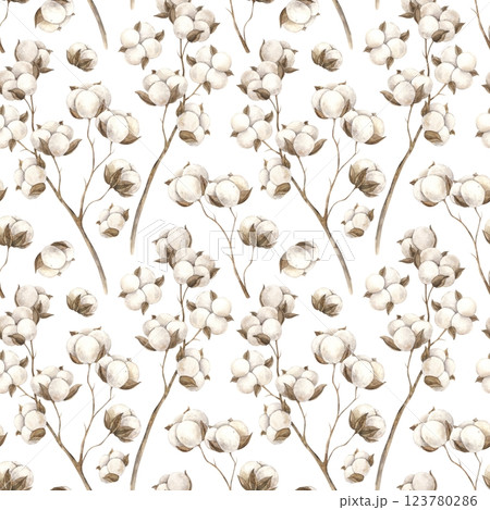Seamless watercolor pattern of cotton and branches. Pattern on a white background in a minimalist style, hand-drawn. Interior pattern, wedding design, fabric, packaging design, wrapping paper Seamless watercolor pattern of cotton and branches. Pattern on a white background in a minimalist style, hand-drawn. Interior pattern, wedding design, fabric, packaging design, wrapping paper 123780286