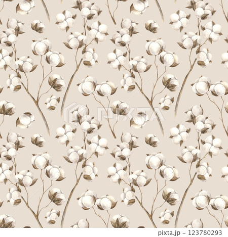 Pattern of their cotton flowers. Seamless botanical watercolor pattern on a beige background drawn by hand. Pattern for fabric, textile, clothing, web pages, wallpaper, background, packaging 123780293