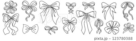 Cute Coquette Bow knots isolated on white. Hand-Drawn Girly bows letter writing stationery..Trendy feminine romantic icons for Wedding celebration, holiday, party decoration, gift, present concept. 123780388