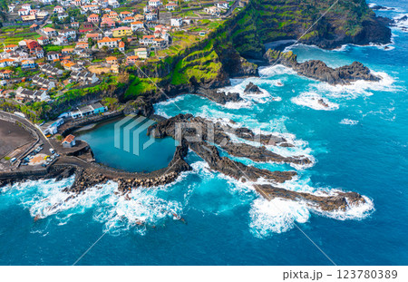 Aerial view of Madeira island. Land meets ocean in Seixal, Madeira, Portugal 123780389
