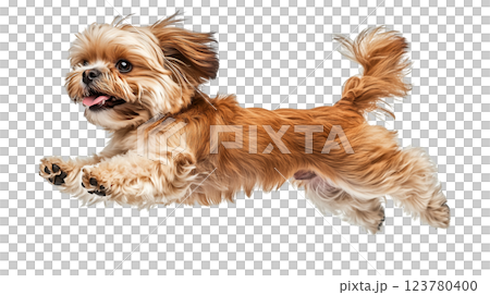 Dog jumps in mid-air from the side showing energetic and playful action against a plain background 123780400