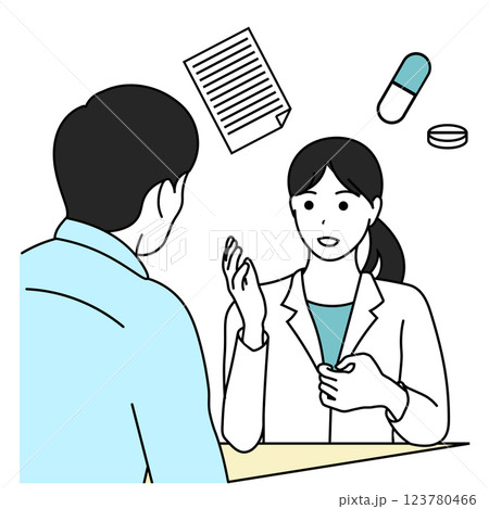 薬剤師が患者に薬の説明をするイラスト 薬剤師が患者に薬の説明をするイラスト 123780466