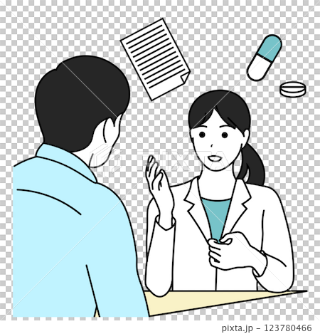 薬剤師が患者に薬の説明をするイラスト 薬剤師が患者に薬の説明をするイラスト 123780466