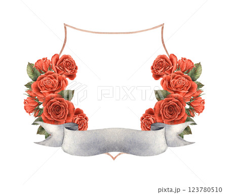 Elegant vintage floral frame with red roses, green leaves and soft grey ribbon for text. Perfect for Valentine's Day, weddings, invitations or romantic designs. Watercolor hand illustration Elegant vintage floral frame with red roses, green leaves and soft grey ribbon for text. Perfect for Valentine's Day, weddings, invitations or romantic designs. Watercolor hand illustration 123780510