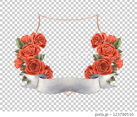Elegant vintage floral frame with red roses, green leaves and soft grey ribbon for text. Perfect for Valentine's Day, weddings, invitations or romantic designs. Watercolor hand illustration Elegant vintage floral frame with red roses, green leaves and soft grey ribbon for text. Perfect for Valentine's Day, weddings, invitations or romantic designs. Watercolor hand illustration 123780510