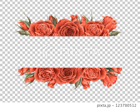 Red velvet bright roses with unblown buds and green leaves. Watercolor hand-drawn isolated flower frame is suitable for Valentine's Day, wedding, invitation, card, banner or romantic designs 123780512