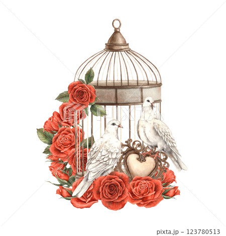 Vintage bird cage with bouquets of bright red roses, realistic white doves and an openwork heart. Watercolor hand-drawn illustration in vintage style, for Valentine's Day, wedding, anniversary, cards 123780513