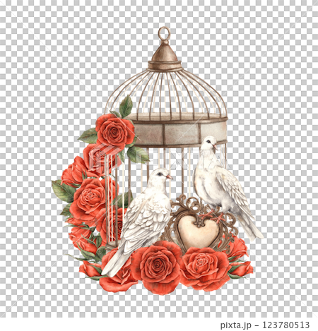 Vintage bird cage with bouquets of bright red roses, realistic white doves and an openwork heart. Watercolor hand-drawn illustration in vintage style, for Valentine's Day, wedding, anniversary, cards 123780513