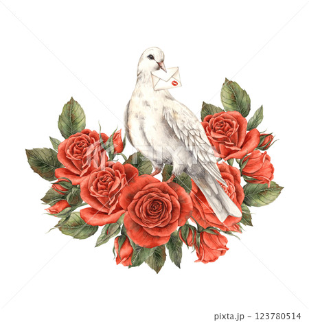 White dove with letter and kiss surrounded by bouquet of bright red realistic roses with leaves. Watercolor hand drawn illustration in vintage style, for Valentine's Day, wedding, anniversary design White dove with letter and kiss surrounded by bouquet of bright red realistic roses with leaves. Watercolor hand drawn illustration in vintage style, for Valentine's Day, wedding, anniversary design 123780514