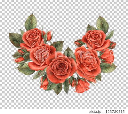 Bouquet of red scarlet velvet roses with unblown buds and green leaves. Watercolor illustration for design of cards, invitations, banners for weddings, Valentine's Day, birthdays and anniversaries Bouquet of red scarlet velvet roses with unblown buds and green leaves. Watercolor illustration for design of cards, invitations, banners for weddings, Valentine's Day, birthdays and anniversaries 123780515