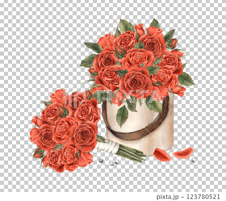 Bouquet of bright red roses wrapped with white ribbon and bouquet of roses in brown box. Watercolor romantic illustration, suitable for Valentine's Day cards, wedding invitations, gift wrapping 123780521