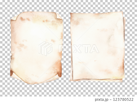 Old yellowed sheets of parchment paper with torn and curled edges. Watercolor set of illustrations on an isolated background, suitable for decorating invitations, postcards and banners in an old style Old yellowed sheets of parchment paper with torn and curled edges. Watercolor set of illustrations on an isolated background, suitable for decorating invitations, postcards and banners in an old style 123780522