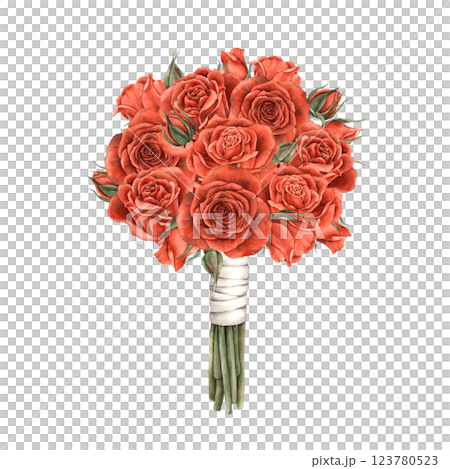 Bouquet of bright red roses and unblown buds, tied with white satin ribbon. Watercolor realistic illustration suitable for Valentine's Day design, wedding invitations, gift wrapping and romantic decor 123780523