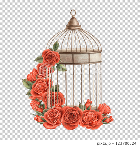 Vintage openwork copper birdcage is empty, bright red roses grow around it. Watercolor illustration in romantic style is suitable for decoration of Valentine's Day, wedding invitations and anniversary 123780524
