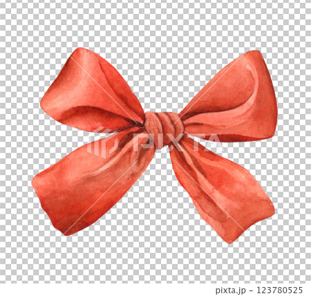Silk bright red satin bow in realistic style. Watercolor drawing, hand-drawn, for decoration of designer and souvenir products of holidays Birthday, wedding, Valentine's Day, anniversary, Christmas 123780525