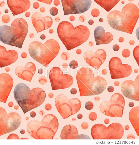 Watercolor red hearts of different sizes, small and big. Seamless pattern on pink background is suitable for weddings, Valentine's Day, birthdays, anniversaries, for textiles, packaging, cards Watercolor red hearts of different sizes, small and big. Seamless pattern on pink background is suitable for weddings, Valentine's Day, birthdays, anniversaries, for textiles, packaging, cards 123780545