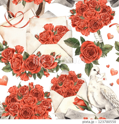 White dove with love letter, envelope with red velvet roses, bouquet with flowers, hearts. Watercolor seamless pattern is suitable for Valentine's Day, wedding design, greeting cards, gift wrapping White dove with love letter, envelope with red velvet roses, bouquet with flowers, hearts. Watercolor seamless pattern is suitable for Valentine's Day, wedding design, greeting cards, gift wrapping 123780550