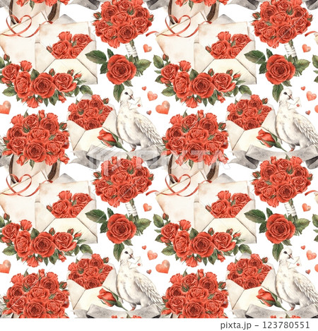 White dove with love letter, envelope with red velvet roses, bouquet with flowers, hearts. Watercolor seamless pattern is suitable for Valentine's Day, wedding design, greeting cards, gift wrapping White dove with love letter, envelope with red velvet roses, bouquet with flowers, hearts. Watercolor seamless pattern is suitable for Valentine's Day, wedding design, greeting cards, gift wrapping 123780551