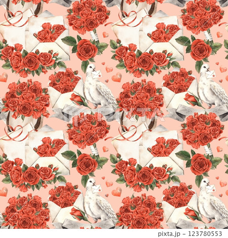 White dove with love letter, envelope with red velvet roses, bouquet with flowers, hearts. Watercolor seamless pattern on pink background is suitable for Valentine's Day, wedding design, gift wrapping White dove with love letter, envelope with red velvet roses, bouquet with flowers, hearts. Watercolor seamless pattern on pink background is suitable for Valentine's Day, wedding design, gift wrapping 123780553