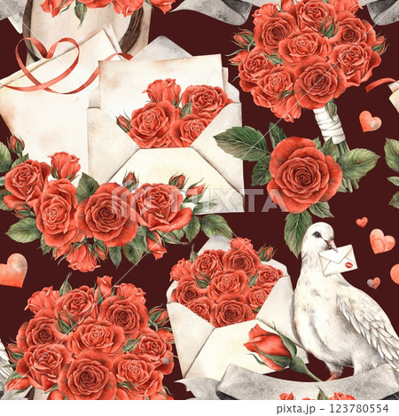 White dove with love letter, envelope with red velvet roses, bouquet with flowers, hearts. Watercolor seamless pattern on burgundy background for Valentine's Day, wedding design, gift wrapping White dove with love letter, envelope with red velvet roses, bouquet with flowers, hearts. Watercolor seamless pattern on burgundy background for Valentine's Day, wedding design, gift wrapping 123780554