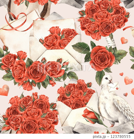 White dove with love letter, envelope with red velvet roses, bouquet with flowers, hearts. Watercolor seamless pattern on pink background is suitable for Valentine's Day, wedding design, gift wrapping 123780555