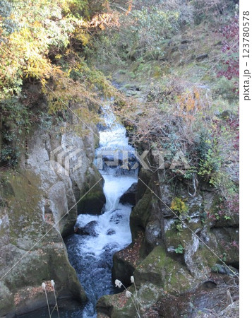 熊本県阿蘇郡小国町下城、下城の滝・鍋釜滝から流れる渓流 熊本県阿蘇郡小国町下城、下城の滝・鍋釜滝から流れる渓流 123780578