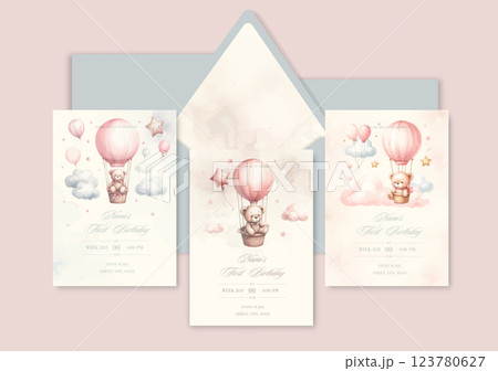 Watercolor Invitation Birthday Template card with a plush watercolor bear on a balloon. 123780627