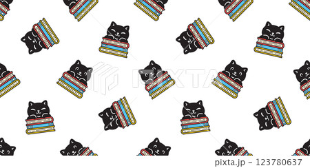 cat seamless pattern reading book black kitten calico cartoon doodle pet gift wrapping paper tile background repeat wallpaper illustration 123780637