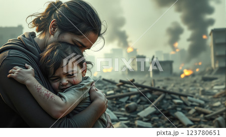 A homeless woman is on the street, her child beside her. Victims of war, the devastating impact of war on innocent lives. Generative AI. 123780651