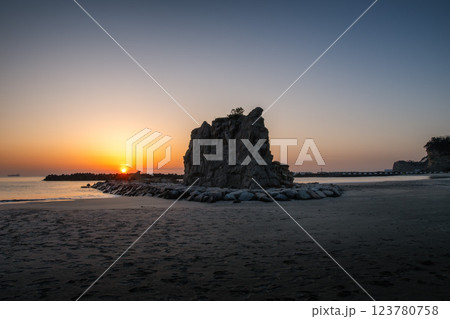 日の出を迎える海岸の鳥居と印象的な岩 日の出を迎える海岸の鳥居と印象的な岩 123780758
