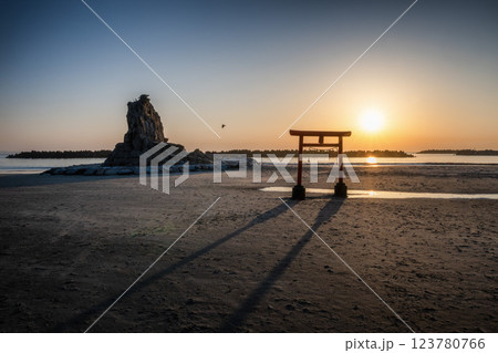 日の出を迎える海岸の鳥居と印象的な岩 123780766