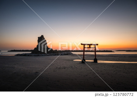 日の出を迎える海岸の鳥居と印象的な岩 123780772
