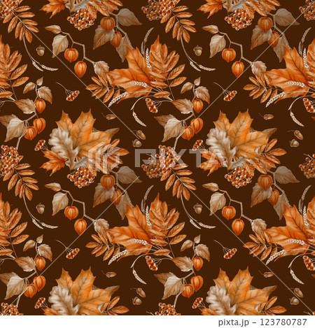 Seamless pattern of autumn maple leaves,physalis,mountain ash with oak leaves and a bunch of rowan berries.Watercolor seamless pattern on brown background Seamless pattern of autumn maple leaves,physalis,mountain ash with oak leaves and a bunch of rowan berries.Watercolor seamless pattern on brown background 123780787
