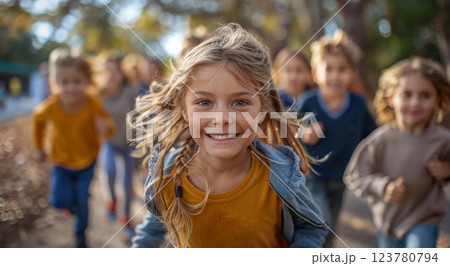 Happy childhood concept pith smiling kids running on sunny summer day.Macro.AI Generative. 123780794