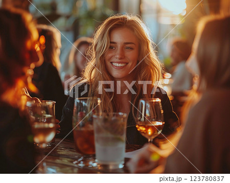 Happy people gathering together after working day in local restaurant having drink.AI Generative. 123780837