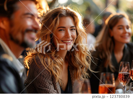 Happy people gathering together after working day in local restaurant having drink.AI Generative. 123780839