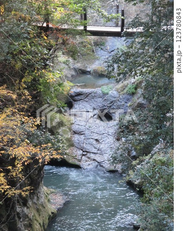熊本県阿蘇郡小国町下城、下城の滝・鍋釜滝から流れる渓流 123780843