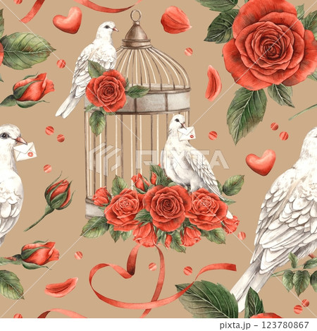White doves, vintage cage with colorful bright roses and petals, hearts and confetti. Watercolor seamless pattern on beige background, for Valentine's Day, wedding, anniversary, invitations and cards White doves, vintage cage with colorful bright roses and petals, hearts and confetti. Watercolor seamless pattern on beige background, for Valentine's Day, wedding, anniversary, invitations and cards 123780867