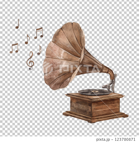 Vintage musical instrument gramophone with vinyl record player and different notes. Hand drawn watercolor illustration, suitable for Valentine's Day, wedding, anniversary, musical instrument shops 123780871