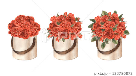 Bouquet of velvet red roses with green leaves in a round beige box and petals. Watercolor set of illustrations in vintage style, suitable for decorating flower shops, weddings, Valentine's Day, cards 123780872