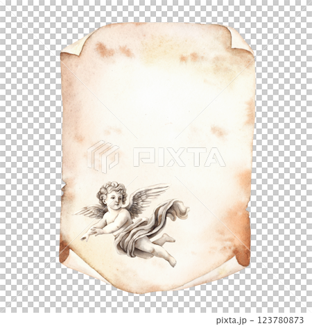 Cupid-angel of love, little angel, drawn on an old sheet of paper with torn edges. Watercolor illustration is suitable for decorating special events of weddings, Valentine's Day, anniversaries Cupid-angel of love, little angel, drawn on an old sheet of paper with torn edges. Watercolor illustration is suitable for decorating special events of weddings, Valentine's Day, anniversaries 123780873