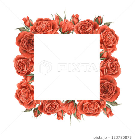 Red velvet bright roses with green leaves. Watercolor frame, square shape, roses are located on all sides, suitable for banners, cards, invitations, packaging, weddings, Valentine's Day, anniversary 123780875