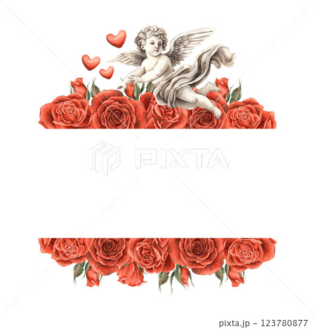 Red velvet realistic roses with vintage angel cupid symbol of love. Hand drawn watercolor border frame suitable for banners, cards, invitations, packaging, wedding, Valentine's Day, anniversary Red velvet realistic roses with vintage angel cupid symbol of love. Hand drawn watercolor border frame suitable for banners, cards, invitations, packaging, wedding, Valentine's Day, anniversary 123780877