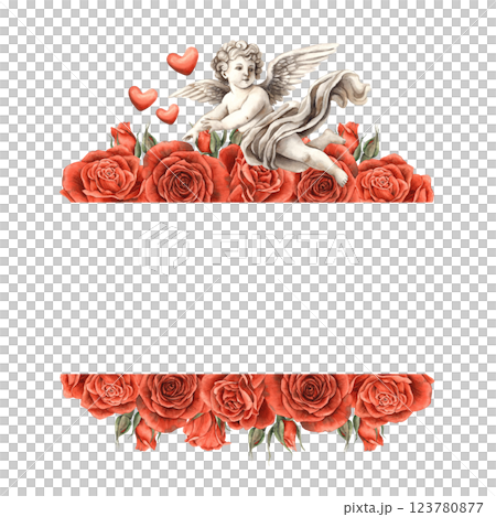 Red velvet realistic roses with vintage angel cupid symbol of love. Hand drawn watercolor border frame suitable for banners, cards, invitations, packaging, wedding, Valentine's Day, anniversary 123780877