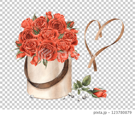 Bouquet of red roses in a box, with white pearls and summers in the shape of a heart. Watercolor illustration for banners, cards, invitations, packaging, weddings, Valentine's Day, anniversary Bouquet of red roses in a box, with white pearls and summers in the shape of a heart. Watercolor illustration for banners, cards, invitations, packaging, weddings, Valentine's Day, anniversary 123780879