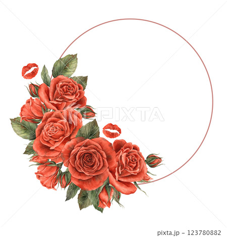 Bouquet of red scarlet velvet roses with bright passionate kisses. Watercolor round frame is suitable for decorating postcards, invitations, banners for weddings, Valentine's Day, birthdays 123780882