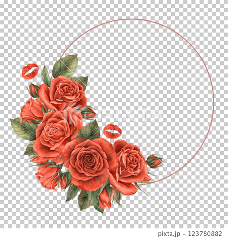 Bouquet of red scarlet velvet roses with bright passionate kisses. Watercolor round frame is suitable for decorating postcards, invitations, banners for weddings, Valentine's Day, birthdays Bouquet of red scarlet velvet roses with bright passionate kisses. Watercolor round frame is suitable for decorating postcards, invitations, banners for weddings, Valentine's Day, birthdays 123780882