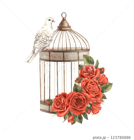 Vintage bird cage with bouquets of bright red roses and realistic white dove. Watercolor hand-drawn illustration in vintage style, for Valentine's Day, wedding, anniversary, invitations and cards 123780886