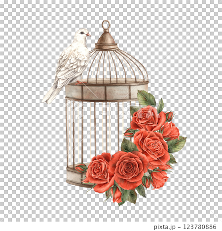 Vintage bird cage with bouquets of bright red roses and realistic white dove. Watercolor hand-drawn illustration in vintage style, for Valentine's Day, wedding, anniversary, invitations and cards 123780886